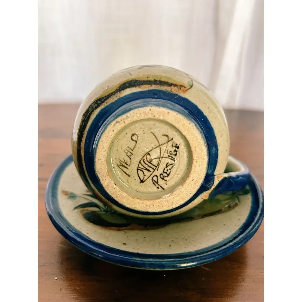 Vintage 1970s Mexican Tonala Pottery Cup and Saucer Set - Signed
